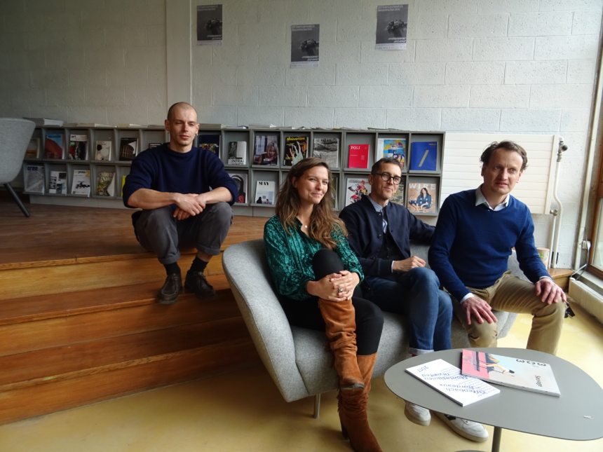 Quentin Lazzarreschi, doctorant à l'ESAAA,Sonia Razafindranaly qui dirige la programmation culturelle de château de Duingt,Stéphane Sauzedde et Hugues de Certeau