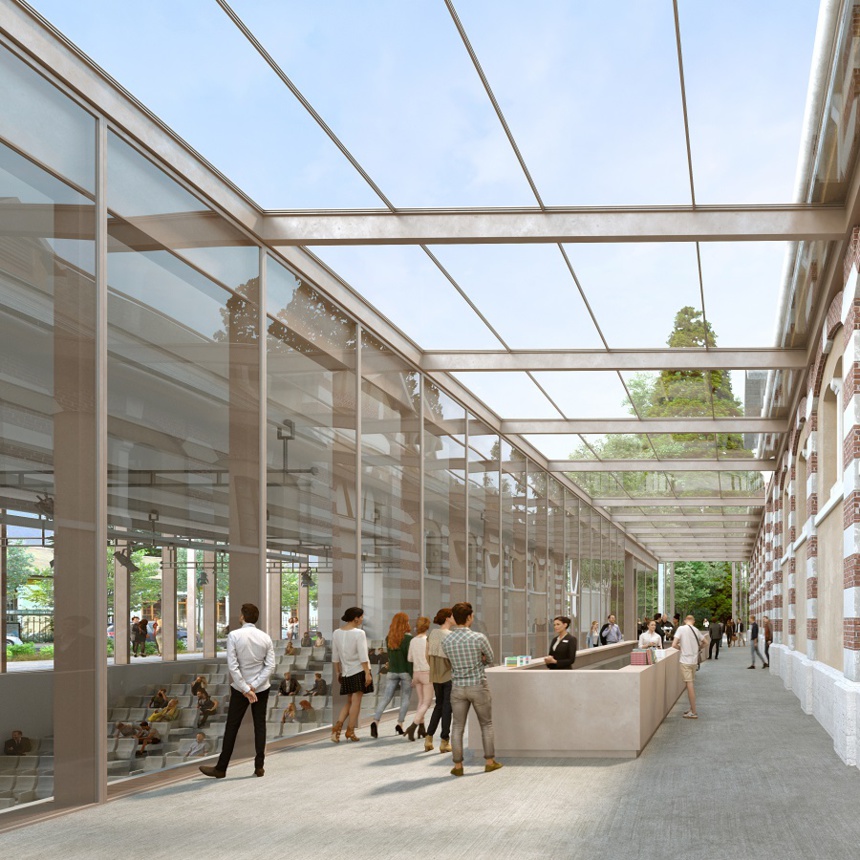 Passage couvert entre le manège actuel et la future salle de projection Passage couvert entre le manège actuel et la future salle de projection